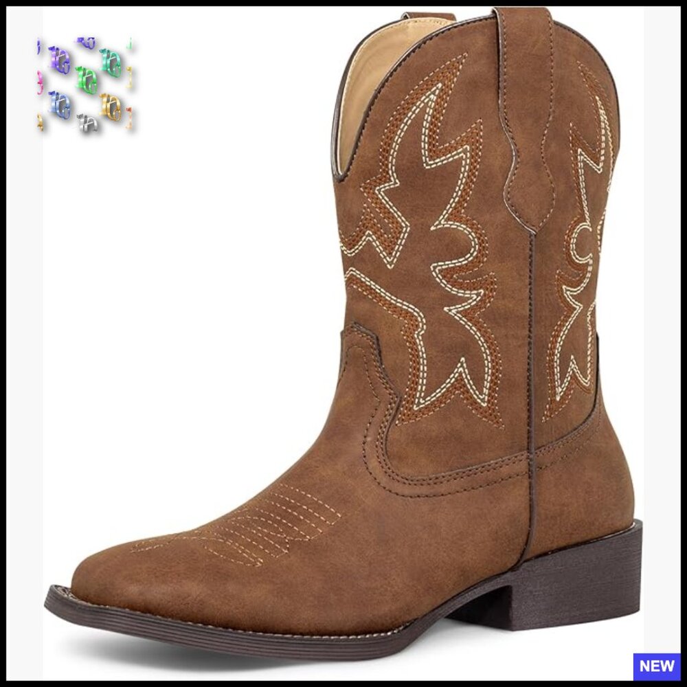 Square Toe Cowgirl Booties Embroidered Western Pull On Chunky Heel Mid Calf